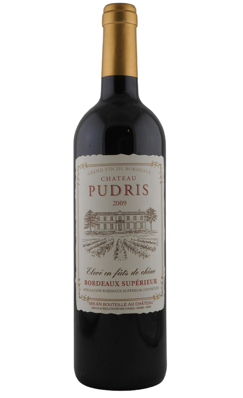 Photographie d'une bouteille de vin rouge Cht Pudris 2009 Bdx Rge 75cl Crd