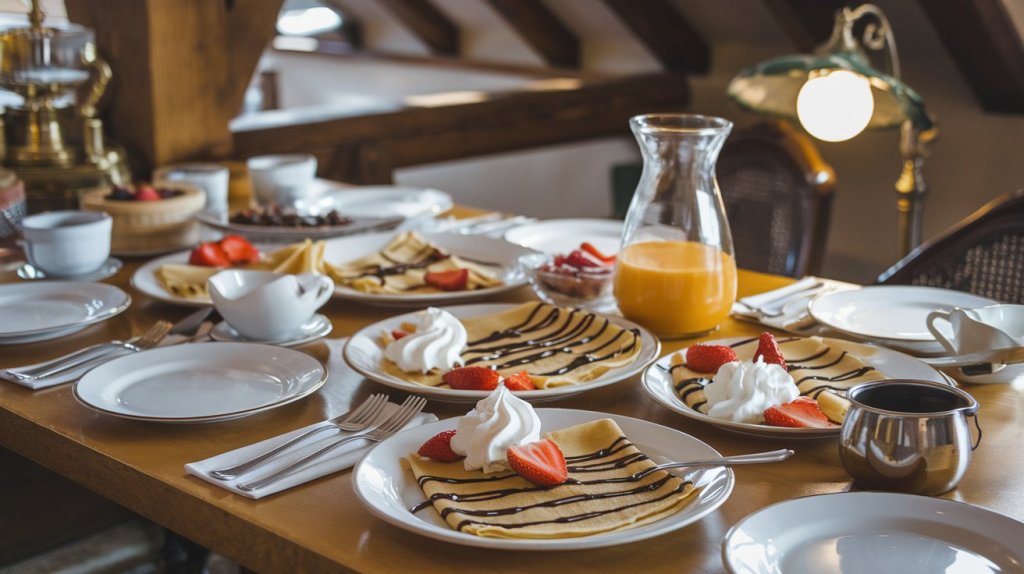 table avec assiettes crêpes et verres